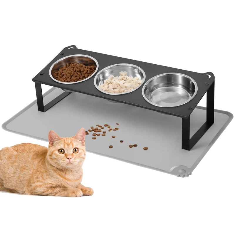 HOVNKUT – Gamelles surélevées pour chats avec tapis silicone, inclinaison 10°, 3 bols inox épais