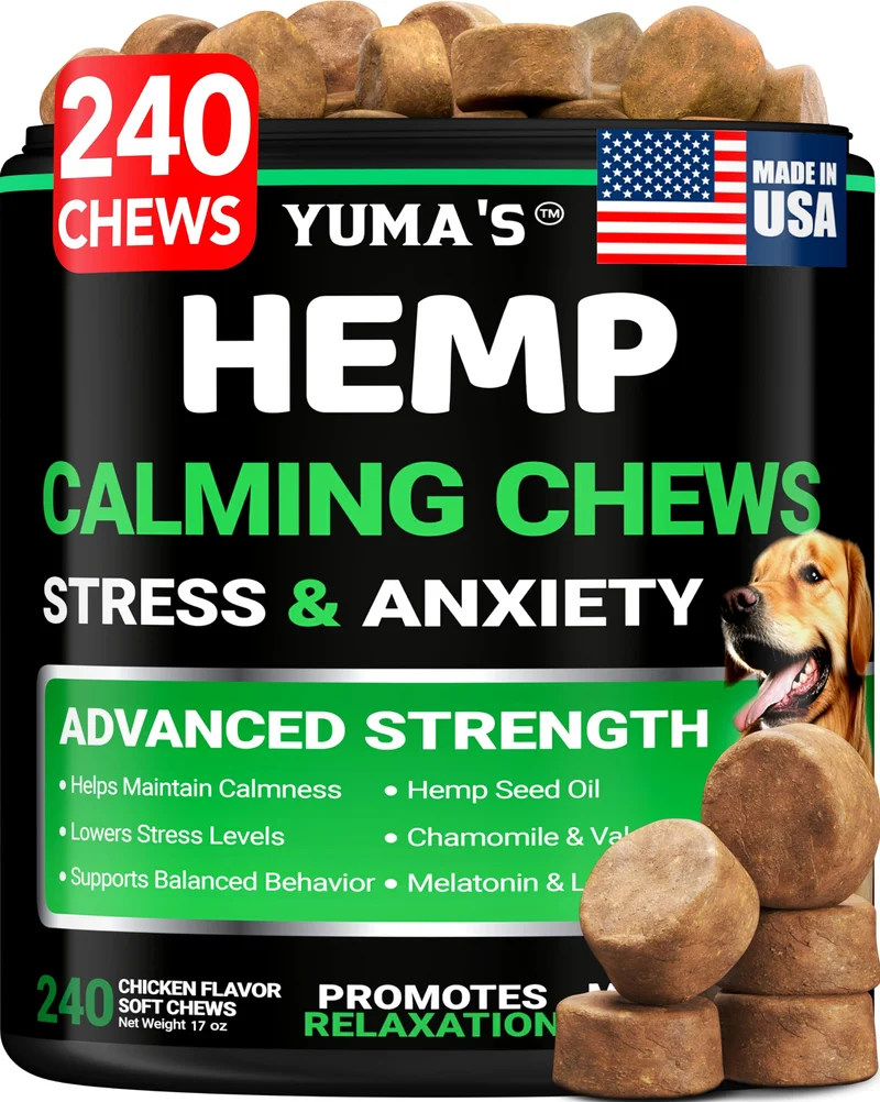 YUMA'S Friandises apaisantes au chanvre pour chiens – 240 bouchées, mélatonine, sommeil et soutien – fabriqué aux États‑Unis