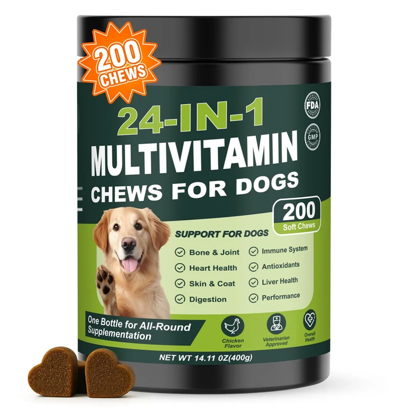 Tciika 24‑en‑1 Vitamines pour Chien – 200 Comprimés à Mâcher, Oméga-3, Probiotiques, Glucosamine