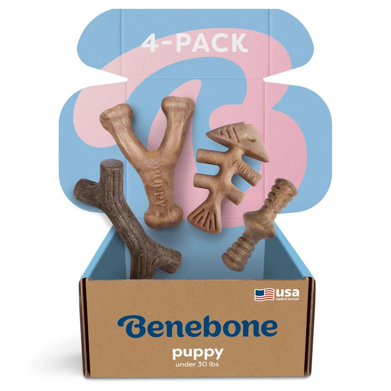 Benebone Puppy 4-Pack – Jouets à mâcher chiots ≤30 lb, fabriqué aux États‑Unis