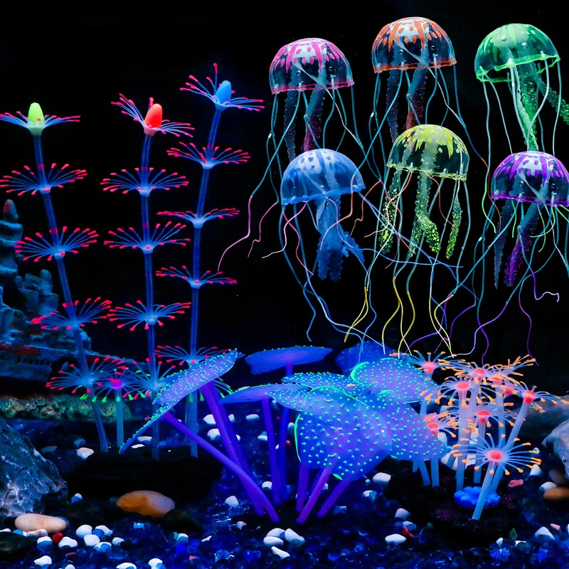 Uniclife – Lot 4 Déco Aquarium Silicone : Méduse Lumineuse et Coraux Artificiels