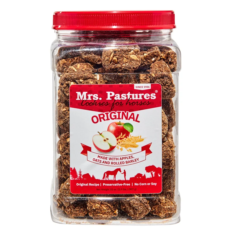 Mrs Pastures Biscuits et Friandises pour Chevaux – Friands Premium à la Pomme, Avoine et Orge Roulée – Sans Conservateurs – Ingrédients Naturels – Sans Maïs ni Soja – Fabriqué aux États‑Unis – Bocal d’environ 1 litre