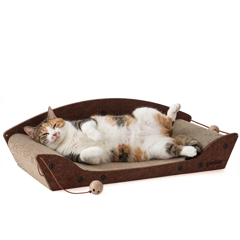 ZOMISIA 26'' Canapé-Griffage Carton pour Chat — Grand Couchage Orthopédique et Cloches