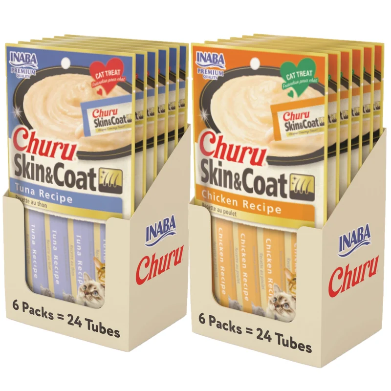 INABA Churu Purée Lickable pour Peau et Pelage – 2 Saveurs, Lot de 48 Tubes