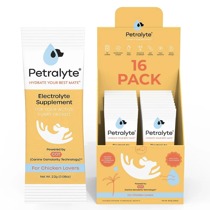 Petralyte Électrolytes pour Chiens | Hydratation et Articulations | Glucosamine, Chondroïtine & Prébiotiques | Saveur Poulet | 16 Sachets