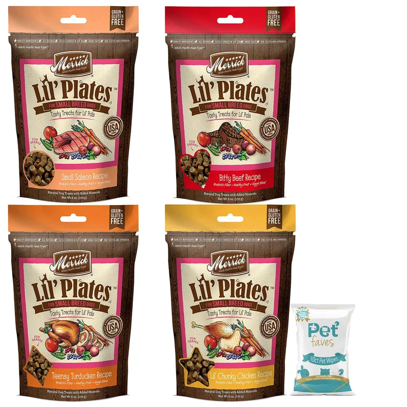 Pet Faves – Lot Merrick Lil Plates pour petits chiens : 4 saveurs + Lingettes 10 unités, 5 oz