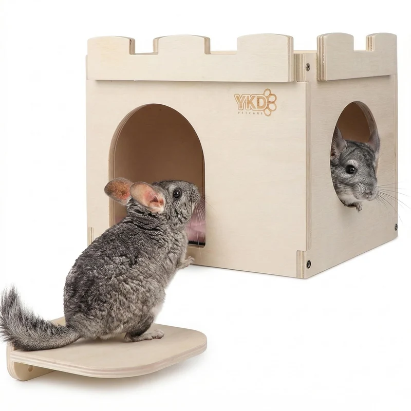 YKD Castle Chinchilla House - Maison en bois naturel pour chinchilla et petits animaux, habitat ventilé