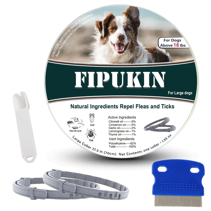 Fipukin Collier Antipuces et Tiques pour Grands Chiens – Lot 2, Imperméable 8 Mois + Brosse et Outil