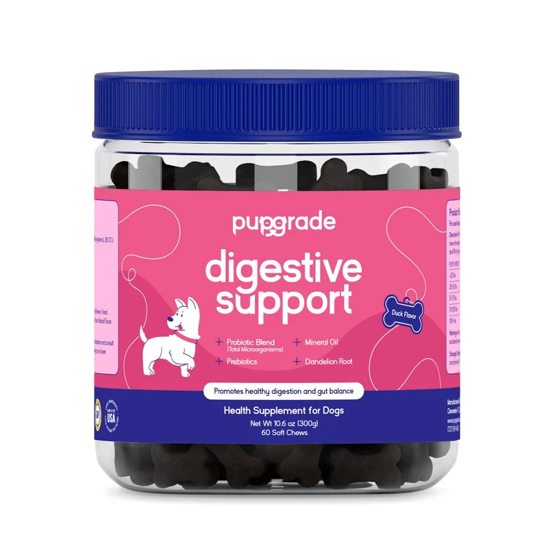 PupGrade Soutien Digestif pour Chiens – Prébiotiques + Probiotiques, Saveur Canard, 60 Friables