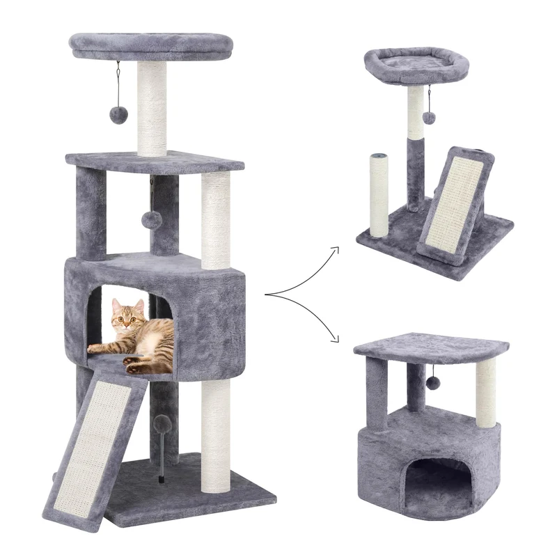 HUITREE Arbre à chat 45in avec grand condo gris – Tour multi-niveaux et griffoirs en jute