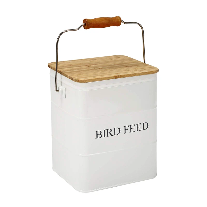 Brabtod Boîte de stockage pour graines d'oiseaux – Acier carbone, couvercle bois, 5-6 livres