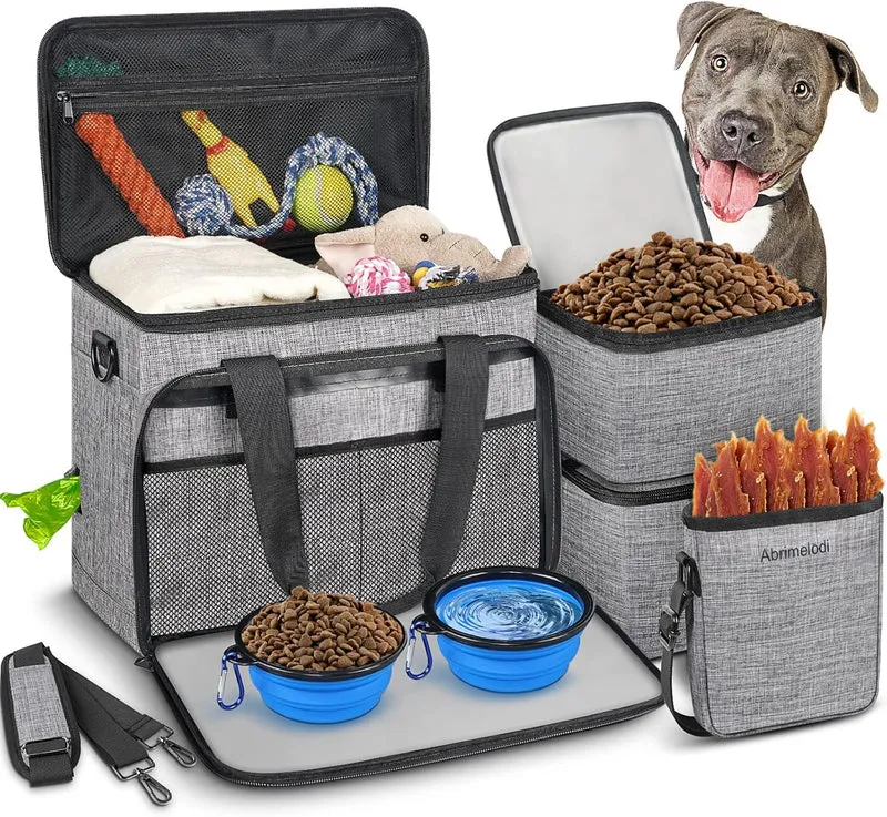 Abrimelodi Sac de Voyage pour Chien – Kit 6 Pieces avec Contenants, Bols Pliables, Poche Friandises et Organisateur