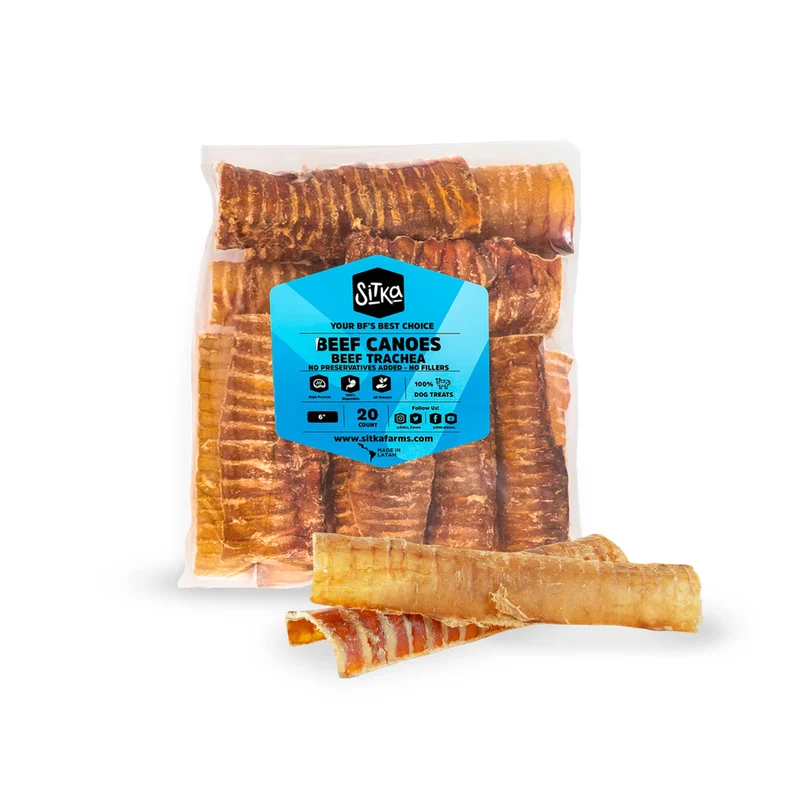 Sitka Farms Trachée de Boeuf Tranchée Fendue 6 po – 20 Morceaux, Friandise Dentaire Naturelle