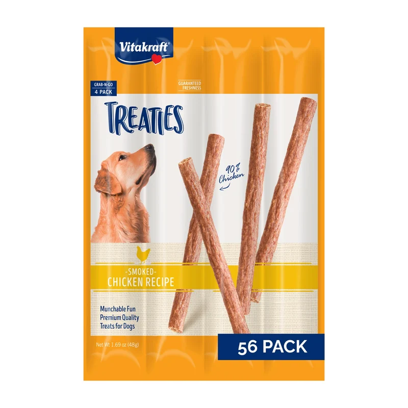 Vitakraft Treaties pour chiens – Friandises au poulet 90 % et texture moelleuse – Sans cuir cru – 56 bâtonnets (lot 14 x 4)