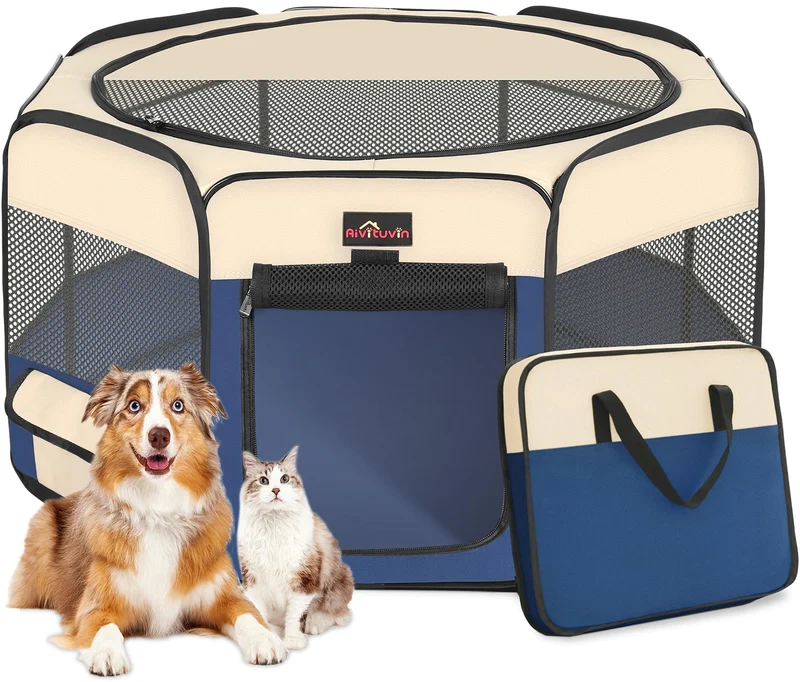 Enclos pliable Aivituvin pour chien – Bleu S, Tente portable, 8 panneaux, sac de transport