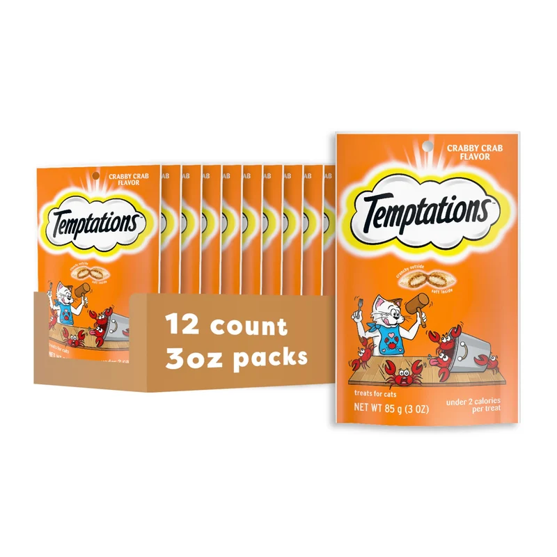 Temptations Friandises pour Chats - Croquantes et Moelleuses - Saveur Crabby Crab - Sachets 3 oz (Pack de 12)