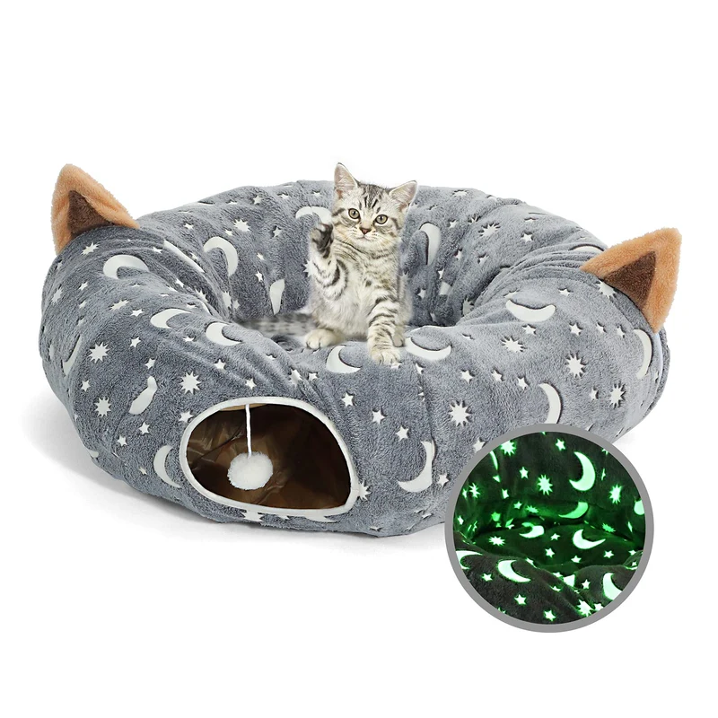 LUCKITTY Tunnel Chat Gris – Sous Arbre de Noël, Lumineux, Pliable, 3 Pieds, Flanelle Douce