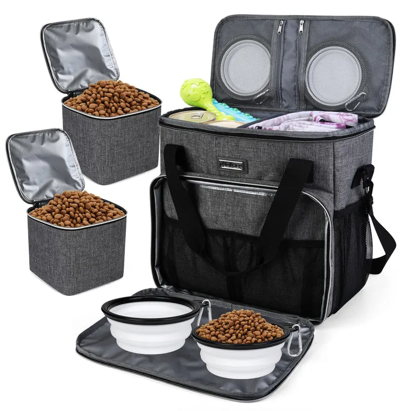 BAGLHER Sac de Voyage pour Animaux – Kit essentiel avec 2 contenants nourriture et 2 bols silicone, Gris