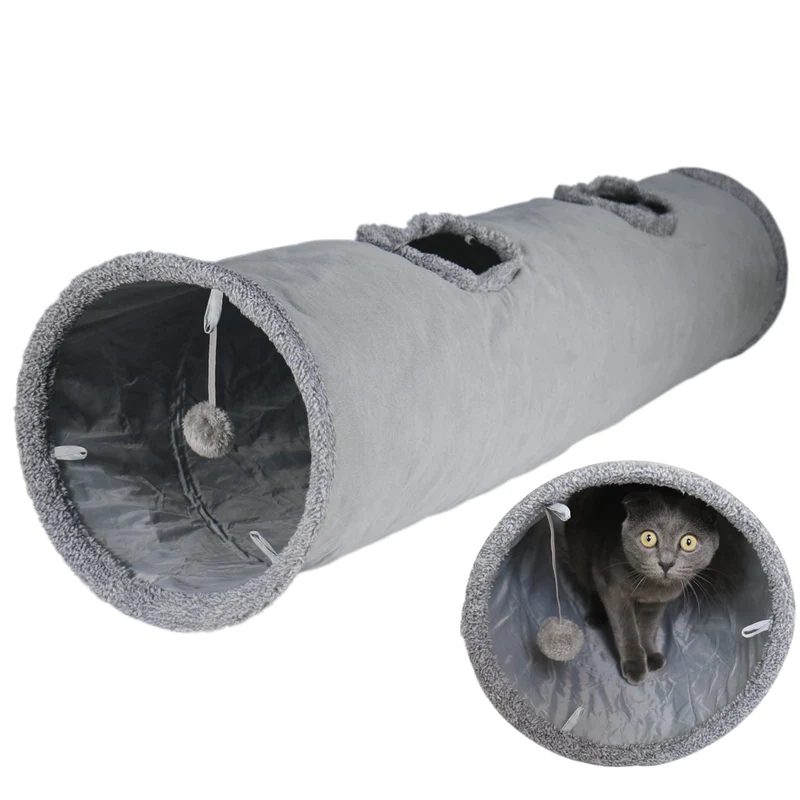 Terunat Tunnel Chat d’Intérieur 51×12 po – Tunnel XXL Pliable Gris Suède, 2 Trous d’Œil et Balle Bulle