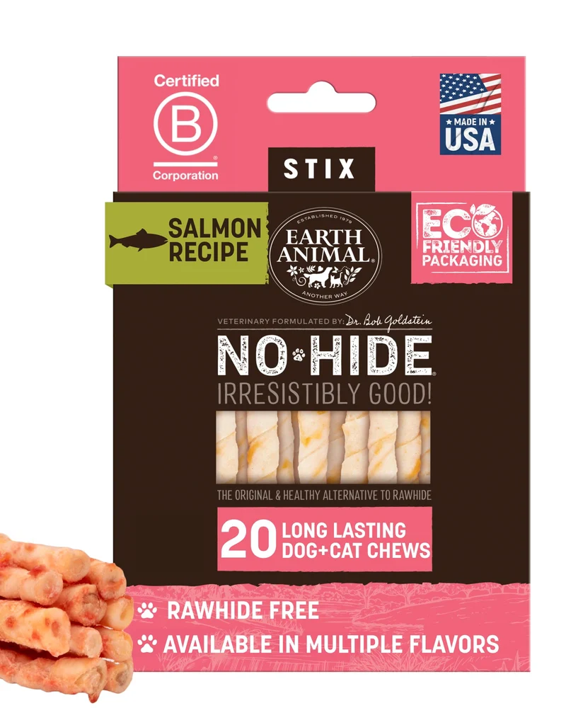 Earth Animal No Hide Stix – Bâtonnets saumon sans cuir pour petits chiens (pack 20)
