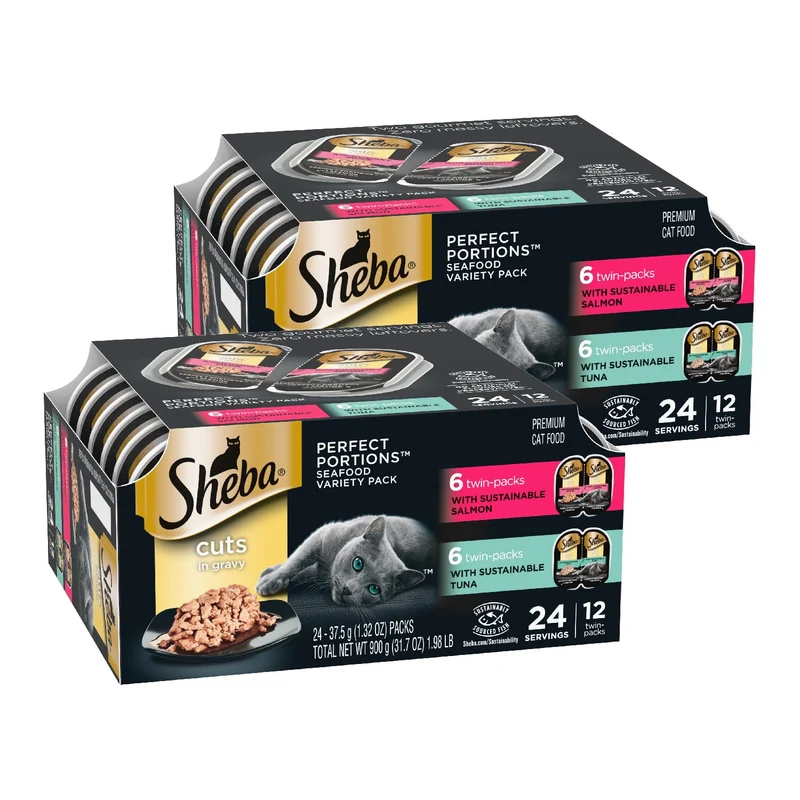 Sheba Coupes en Gravy – Portions Parfaites pour Chat Adulte, Saumon & Thon Durable, Plateaux Jumelés 2,6 oz (Pack de 2)