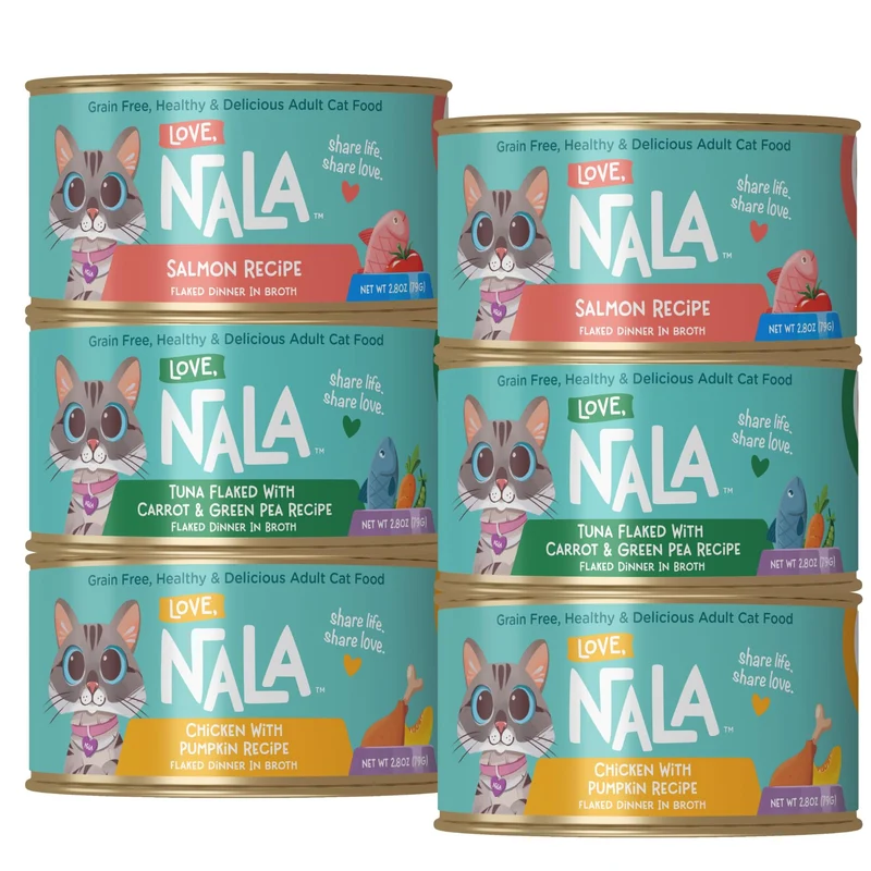 LOVE, NALA – Variété de nourriture humide pour chat sans céréales (12 boîtes, saumon/thon/poulet), haute protéine
