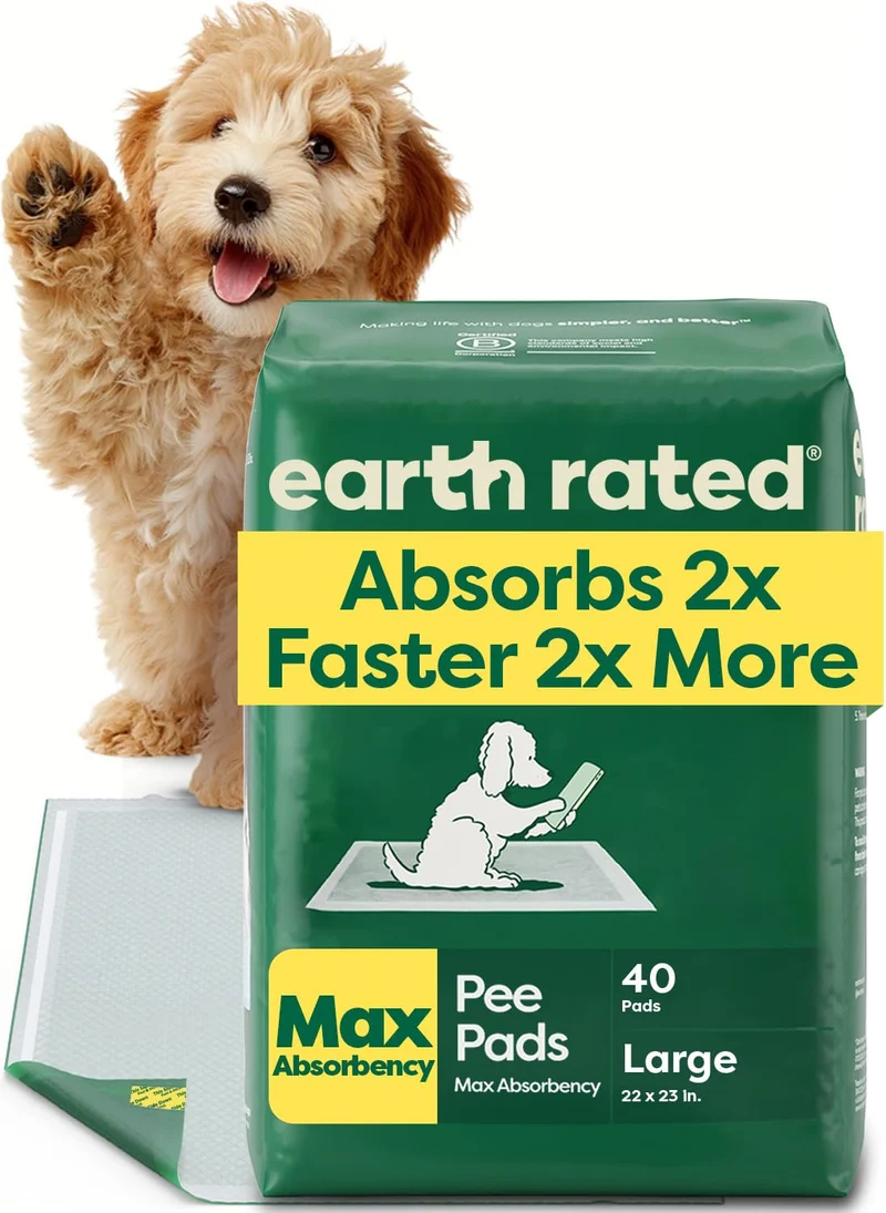 Earth Rated Tapis Potty pour Chiens – Absorption 2x Plus Rapide, Sans Parfum, Taille L 22 × 23 po, Lot de 40
