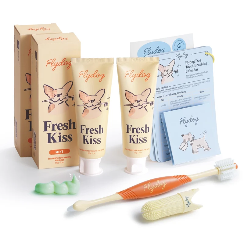 FlyDog Fresh Kiss Kit Brossage Dents pour Chiens – Dentifrice Enzymatique & Brosse 360°