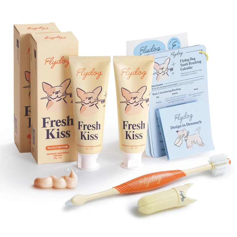 FlyDog Fresh Kiss Kit Dentaire pour Chiens — Pâte enzymatique approuvée par les vétérinaires, Brosse 360° et Doigt-brosse, Guide Dentaire, Saveur Beurre de Cacahuète