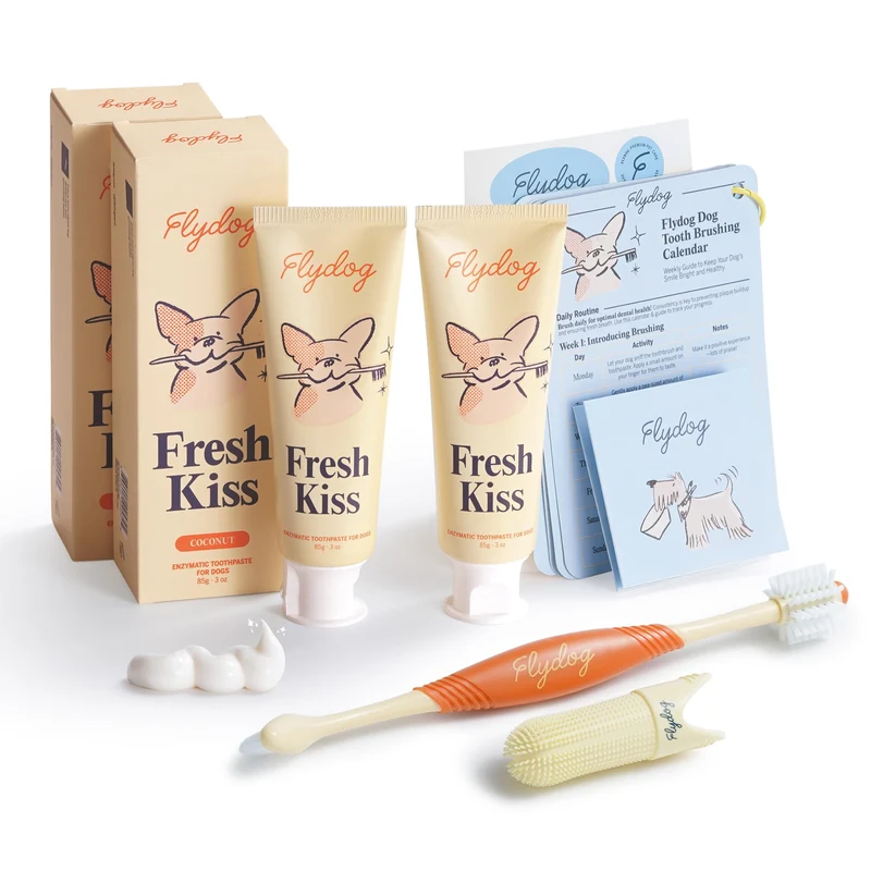 FlyDog Fresh Kiss Kit Dentaire pour Chiens – Formule véto approuvée, dentifrice enzymatique Coco, Brosse 360° & Doigt