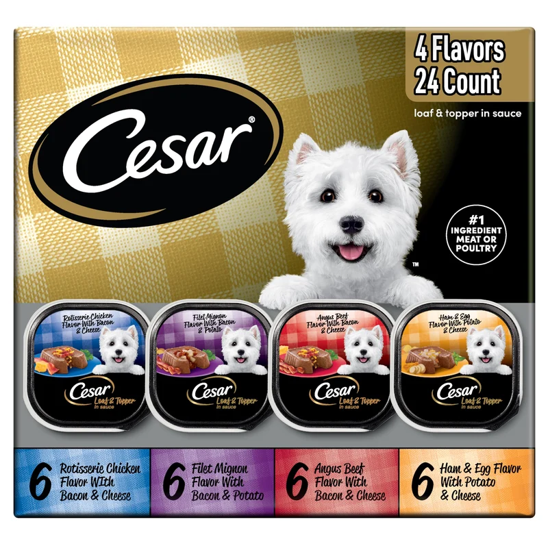 Cesar Loaf en Sauce – Variété Rotisserie Poulet, Filet Mignon, Boeuf Angus et Jambon-Œuf, Nourriture humide pour chiens, 24 barquettes 3,5 oz