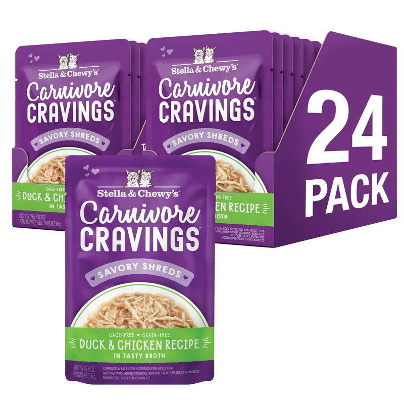Stella & Chewy's Carnivore Cravings - Sachets Premium pour Chats (Canard & Poulet), Sans Céréales, Haute Protéine - 2,8 oz, 24 Sachets