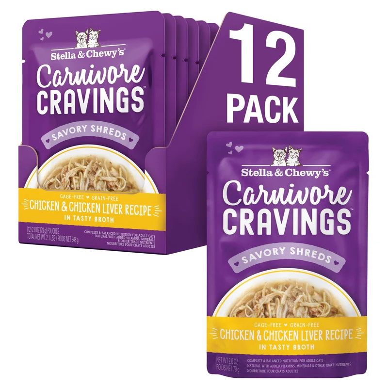 Stella & Chewy's Carnivore Cravings – Poches Humides Premium pour Chat (Poulet & Foie), Sans Céréales, 2,8 oz, 12 Poches
