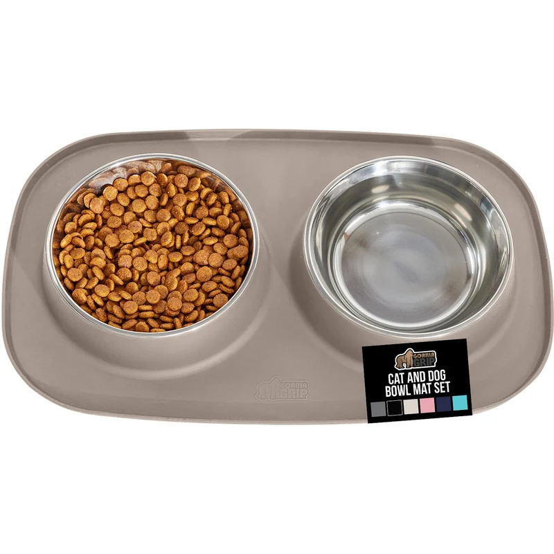 GORILLA GRIP Set Tapis et Bols Alimentaires Imperméables – Silicone sans BPA et Inox 304, Beige (2 tasses)
