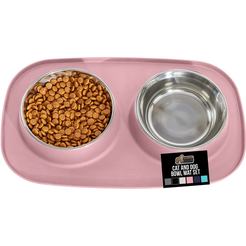 GORILLA GRIP – Gamelle et tapis d’alimentation pour chiens et chats, 2 tasses, silicone 100% étanche, bols inox, antidérapant, rose