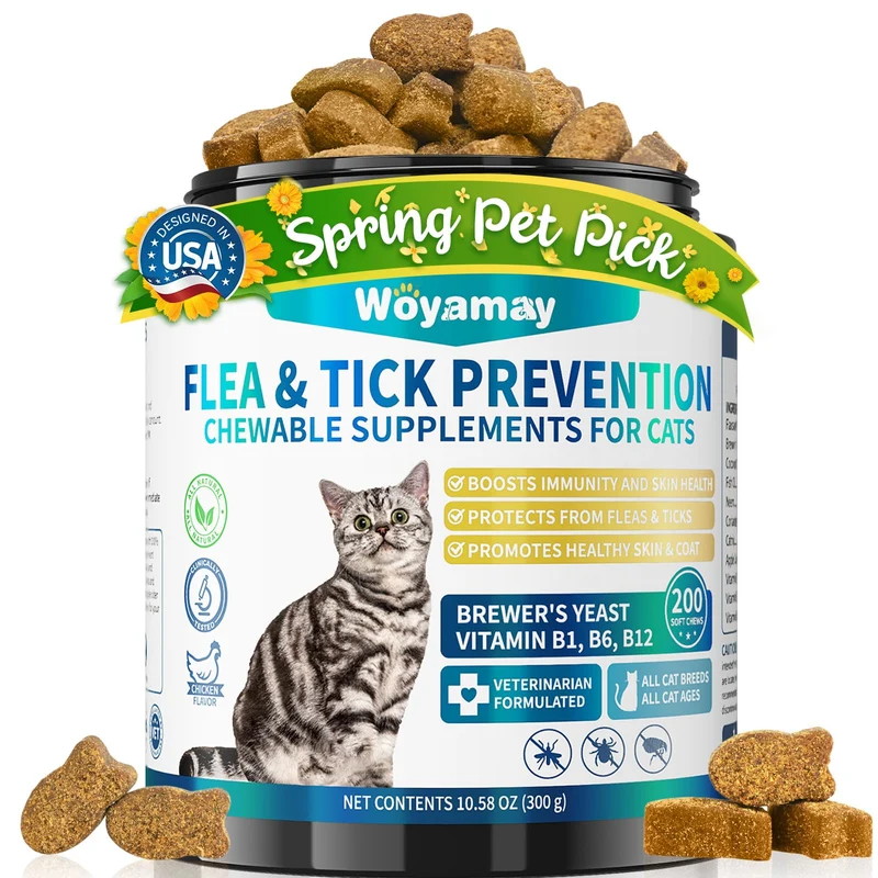 Woyamay Traitement Puces et Tiques pour Chats – 200 Friables au Poulet