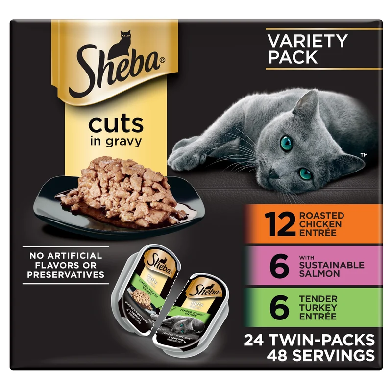 Sheba Perfect Portions – Tranches en sauce pour chats adultes – Poulet, Saumon durable et Dinde – Paquets jumelés 24 sachets 2,6 oz