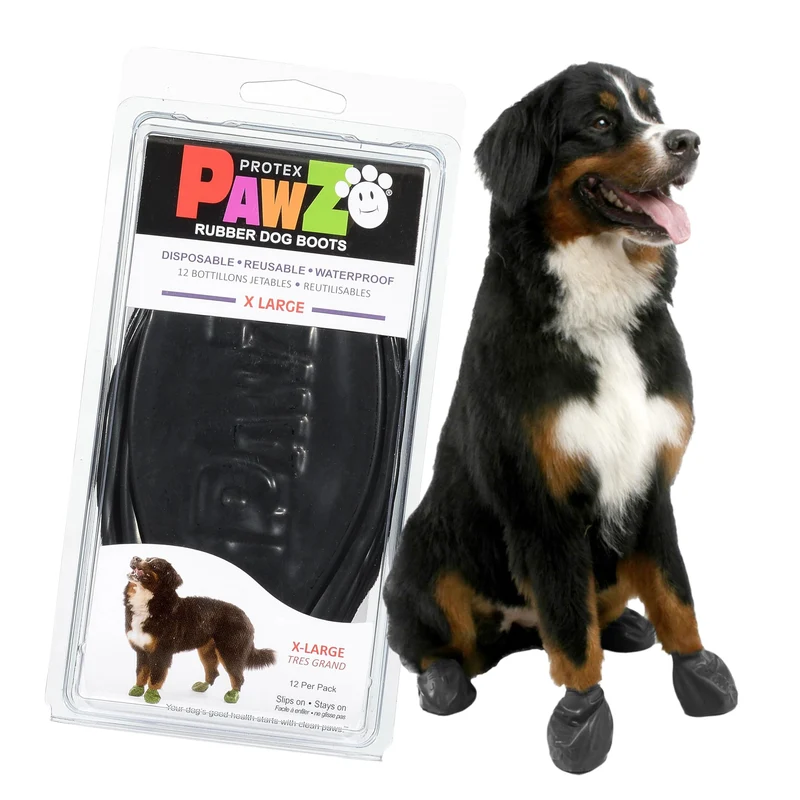 Protex PawZ – Bottes en caoutchouc pour chien grandes pattes, XL (4 pouces et plus) – Tout-temps imperméables et anti-glisse – Enfilage facile – Noir – Lot de 12