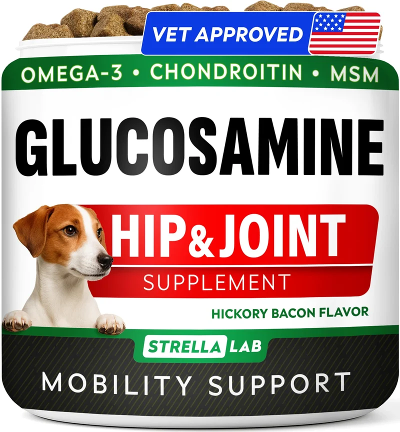 STRELLALAB – Bouchées Glucosamine pour chiens | Oméga-3, Chondroïtine, MSM | Mobilité Avancée – Saveur Hickory Bacon – 120 bouchées – Fabriqué aux États-Unis