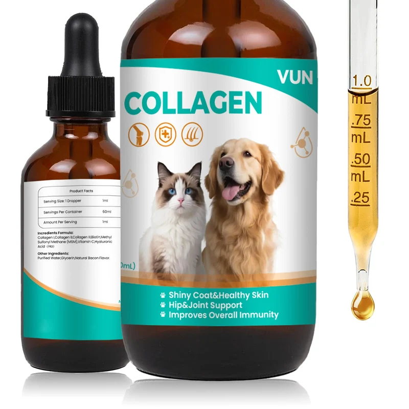 VUN Gouttes de Collagène pour Chiens et Chats – Soutien des Articulations, Peau et Pelage, Démangeaisons – Complexe Triple (I, II, V) avec MSM, Biotine et Gingembre – 60 ml