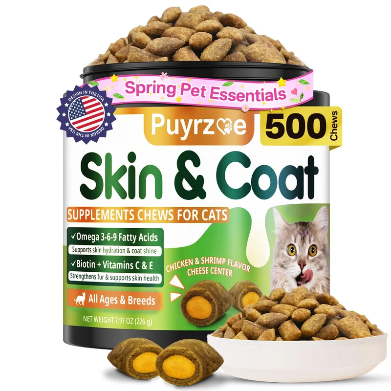 Puyrzoe Chat — Soin peau et pelage: 500 friables croquants au fromage, Oméga 3/6/9, Biotine