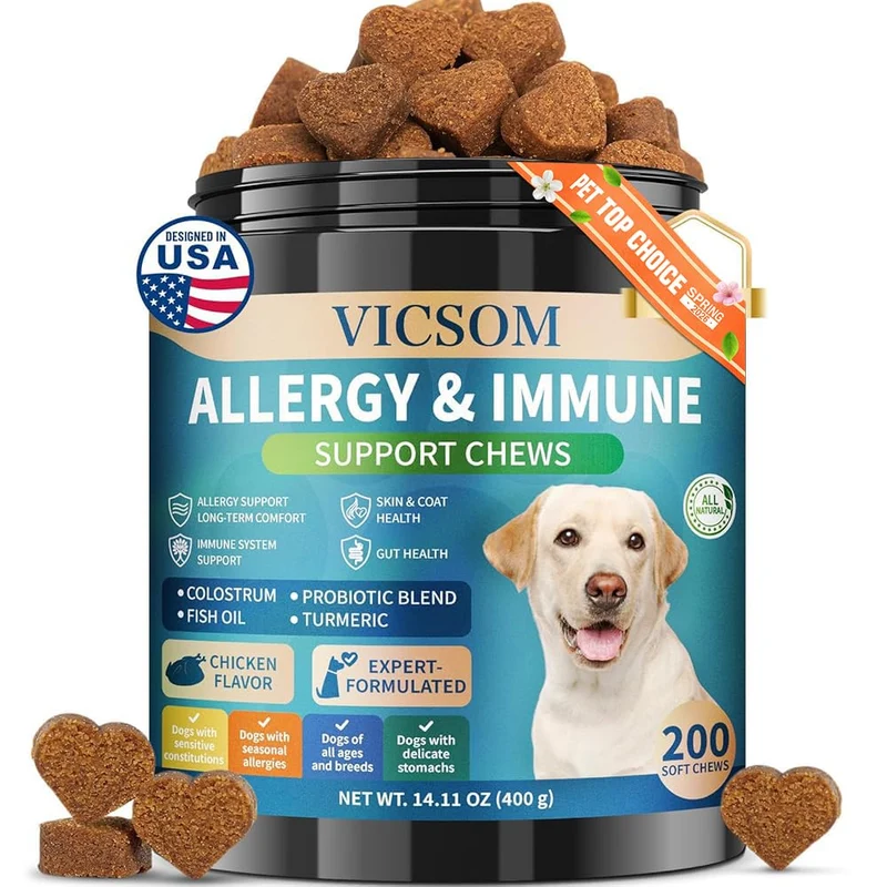 VICSOM Friandises Allergie pour Chiens – 200 bouchées, soutien peau, immunité et digestion, goût poulet