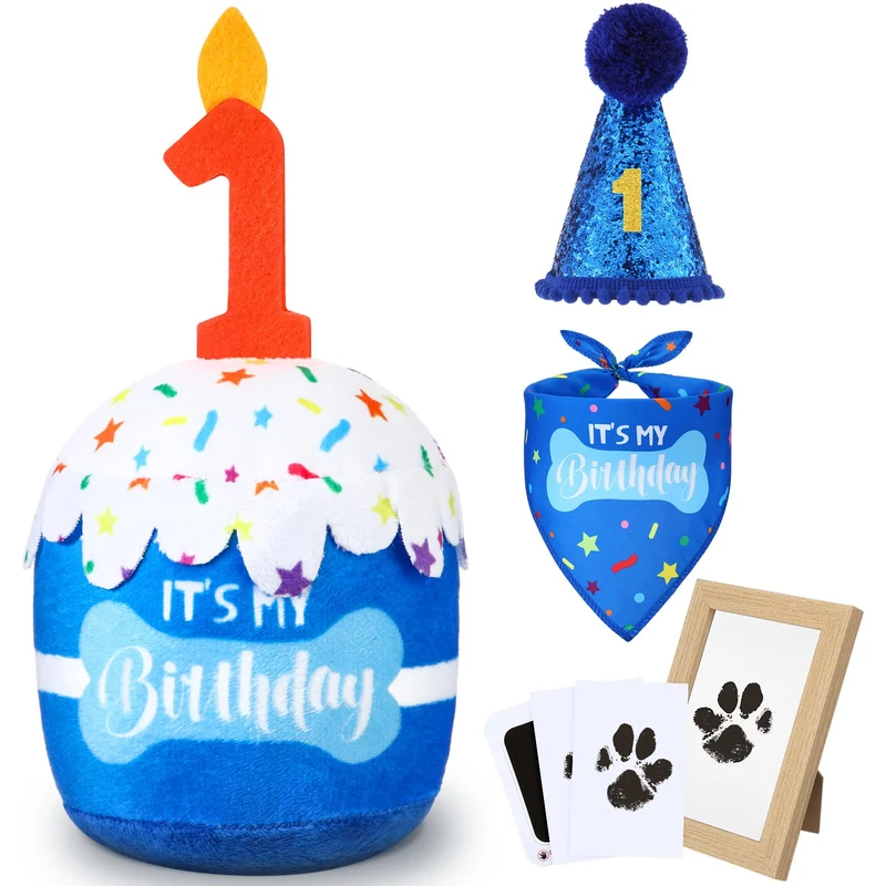 Cutecrop Kit Anniversaire Chien — Chapeau Bleu, Bandana, Cadre Empreinte, Jouet Gâteau et Décorations