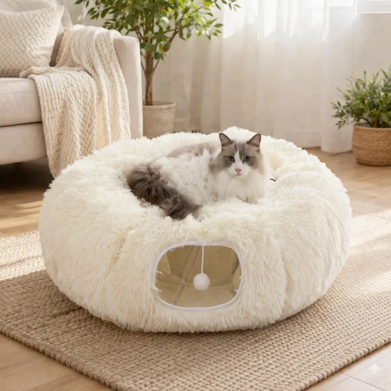 Grelife Tunnel pour Chats d’Intérieur — Tunnel en forme d’Anneau, Coussin Lavable, Base Antidérapante (Blanc)
