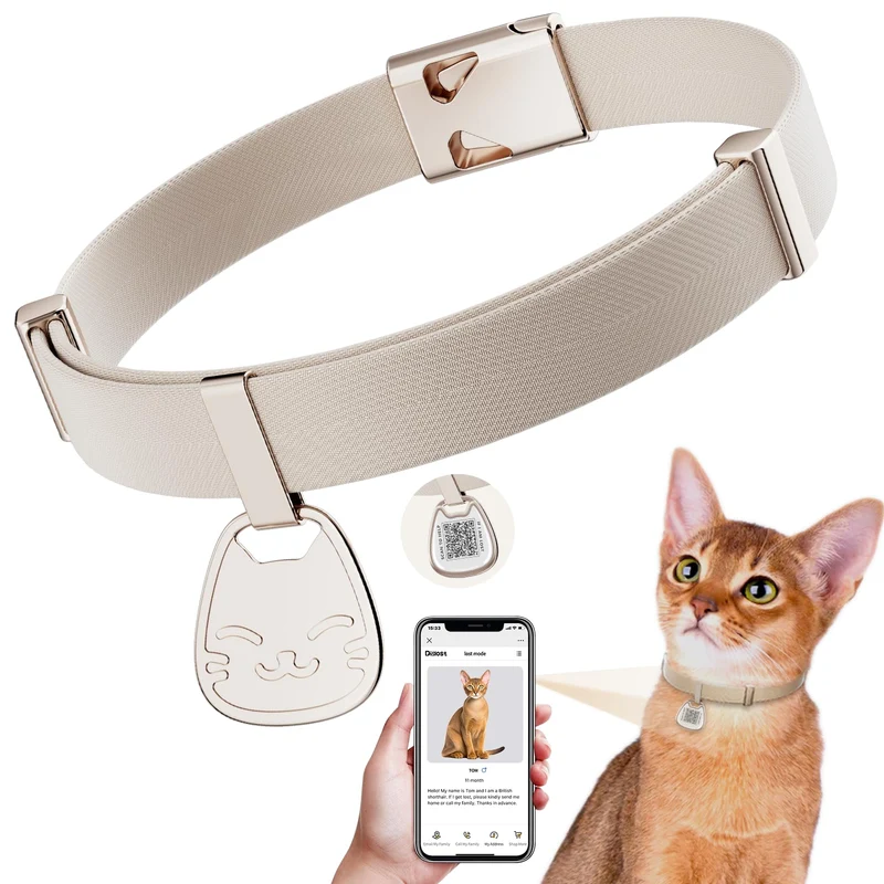 Collier Typecase pour chat avec QR Code – Boucle sécurité, ajustable 6–12 po, Khaki