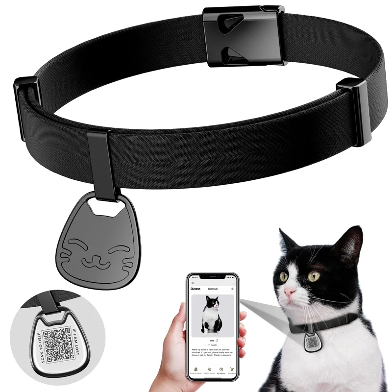 Collier chat avec code QR par typecase – sécurité, confort et réglage 6 à 12 pouces – Noir