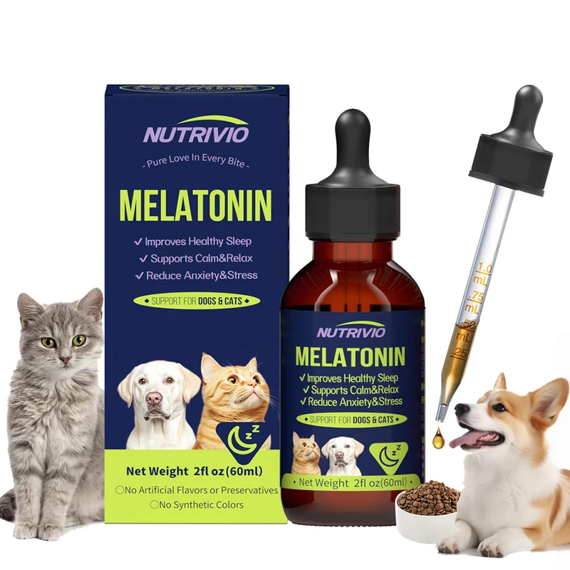 Nutrivio Mélatonine liquide pour chiens et chats – Sommeil et calme, goût bacon (60 ml)