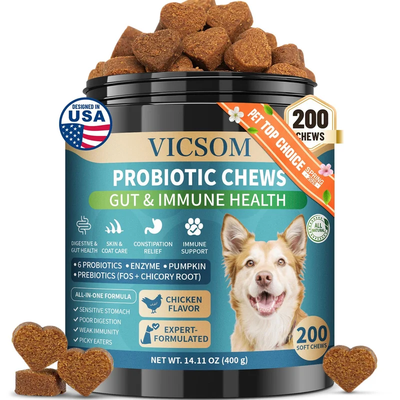 VICSOM Probiotiques pour Chien — 200 Friandises Douces (6 Probiotiques & Enzymes) Digestion, Peau & Immunité