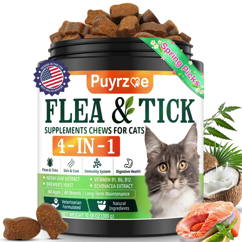 Puyrzoe 4-en-1 Traitement naturel contre les puces et les tiques pour chats – Complément quotidien pour peau et pelage