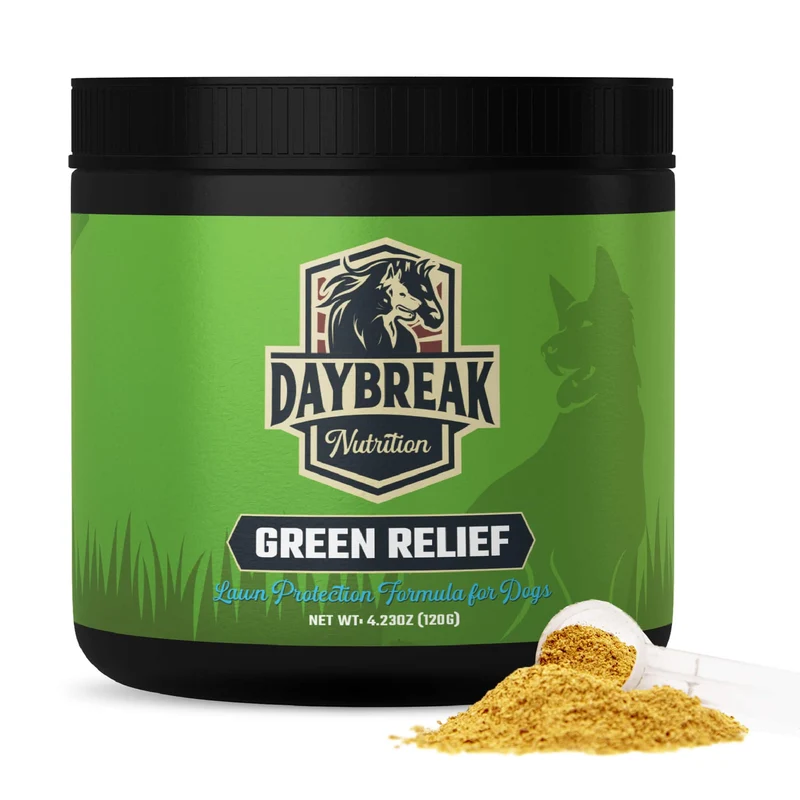 Daybreak Nutrition Green Relief – Neutraliseur d’urine pour pelouse chiens | Poudre naturelle avec L‑Méthionine, Cranberry & Probiotiques – Fabriqué aux États‑Unis